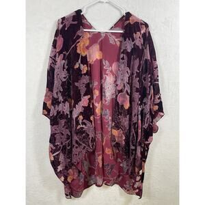 Ruggine Burn Out Velvet Kimono Topper OS Burgundy Floral Boho Festival